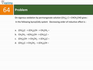 Problem64On vigorous oxidation by permanganate solution (CH3)2 C = CHCH2CHO gives :  In the following bynzyl/ally system   Decreasing order of inductive effect is :  (CH3)3C - > (CH3)2CH - > CH3CH2 – CH3CH2 - >(CH3)2CH - > (CH3)3C – (CH3)2CH - > CH3CH2 - > (CH3)3C – (CH3)2C- > CH3CH2 - > (CH3)3CH – 