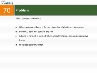 Problem70Select correct statement :When a covalent bond is formed, transfer of electrons takes placePure H2O does not contain any ionA bond is formed is formed when attractive forces overcome repulsive forcesHF is less polar than HBr