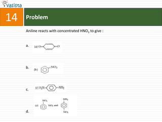 14   Problem

     Aniline reacts with concentrated HNO3 to give :


     a.




     b.




     c.




     d.
 