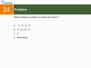 24   Problem

     Which oxidation numbers are shown by carbon ?


     a. - 1, - 2, - 3, - 4
     b. 4, + 3, + 2, + 1
     c. 0
     d. All of these
 