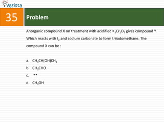 35   Problem

     Anorganic compound X on treatment with acidified K2Cr2O7 gives compound Y.
     Which reacts with I2 and sodium carbonate to form triiodomethane. The
     compound X can be :


     a. CH3CH(OH)CH3
     b. CH3CHO
     c.   **
     d. CH3OH
 