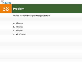 38   Problem

     Alcohol reacts with Grignard reagent to form :


     a. Alkanes
     b. Alkenes
     c. Alkynes
     d. All of these
 