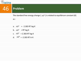 46   Problem

     The standard free energy change (   G0 )   is related to equilibrium constant (K)
     as :


     a.     G0   = - 2.303 RT log K
     b.     G0   = RT log K
     c.     G0   = 2.303 RT log K
     d.     G0   = -2.303 RT In K
 