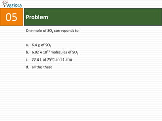 05   Problem

     One mole of SO2 corresponds to


     a. 6.4 g of SO2
     b. 6.02 x 1023 molecules of SO2
     c. 22.4 L at 250C and 1 atm
     d. all the these
 