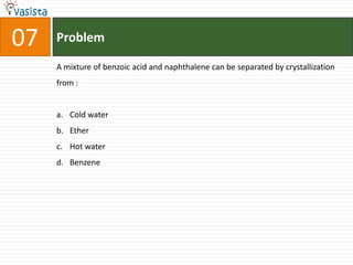 07   Problem

     A mixture of benzoic acid and naphthalene can be separated by crystallization
     from :


     a. Cold water
     b. Ether
     c. Hot water
     d. Benzene
 