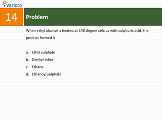Problem14When ethyl alcohol is heated at 140 degree celcius with sulphuric acid, the product formed isEthyl sulphateDiethyl etherEthane Ethanoylsulphate