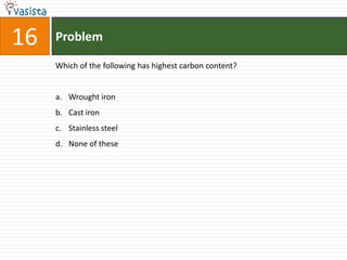 Problem16Which of the following has highest carbon content?Wrought iron Cast ironStainless steel None of these