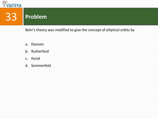 Problem33Bohr's theory was modified to give the concept of elliptical orbits byDavisonRutherfordHundSommerfeld