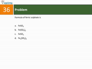 Problem36Formula of ferric sulphate isFeSO4Fe(SO4)2FeSO4Fe2(SO4)3