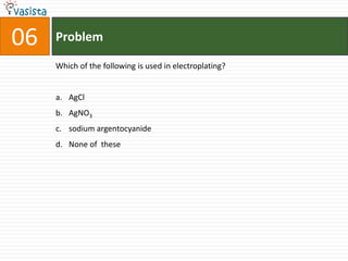 Problem06Which of the following is used in electroplating?AgClAgNO3sodium argentocyanideNone of  these