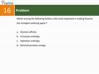 Problem16Which among the following factors is the most important in making fluorine the strongest oxidizing agent ?  Electron affinity Ionization enthalpy Hydration enthalpy Bond dissociation energy 