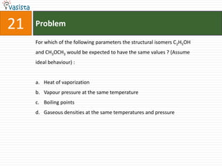 Problem21For which of the following parameters the structural isomers C2H5OH and CH3OCH3 would be expected to have the same values ? (Assume ideal behaviour) :  Heat of vaporization Vapour pressure at the same temperature Boiling points Gaseous densities at the same temperatures and pressure 