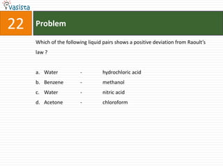 Problem22Which of the following liquid pairs shows a positive deviation from Raoult’s law ? Water 	-	hydrochloric acid Benzene 	-	methanol Water 	-	nitric acid Acetone 	-	chloroform 