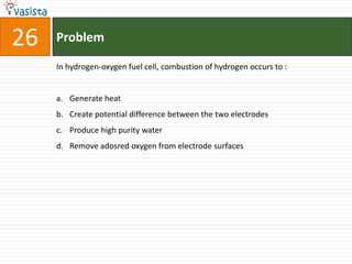 Problem26In hydrogen-oxygen fuel cell, combustion of hydrogen occurs to :  Generate heat Create potential difference between the two electrodes Produce high purity water Remove adosred oxygen from electrode surfaces 