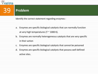 Problem39Identify the correct statement regarding enzymes :  Enzymes are specific biological catalysts that can normally function at very high temperatures (T ~ 1000 K).Enzymes are normally heterogeneous catalysts that are very specific in their action Enzymes are specific biological catalysts that cannot be poisoned Enzymes are specific biological catalysts that possess well defined active sites. 