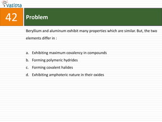 Problem42Beryllium and aluminum exhibit many properties which are similar. But, the two elements differ in :  Exhibiting maximum covalency in compounds Forming polymeric hydridesForming covalent halides Exhibiting amphoteric nature in their oxides 
