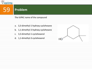 Problem59The IUPAC name of the compound  3,3-dimethyl-1-hydroxy cyclohexane1,1-dimethyl-3-hydroxy cyclohexane3,3-dimethyl-1-cyclohexanol1,1-dimethyl-3-cyclohexanol