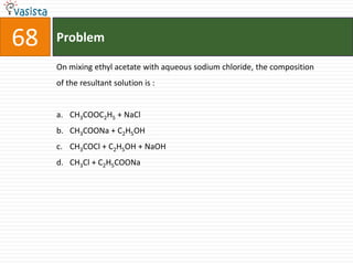 Problem68On mixing ethyl acetate with aqueous sodium chloride, the composition of the resultant solution is :  CH3COOC2H5 + NaClCH3COONa + C2H5OHCH3COCl + C2H5OH + NaOHCH3Cl + C2H5COONa