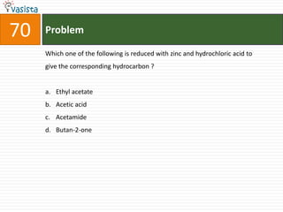 Problem70Which one of the following is reduced with zinc and hydrochloric acid to give the corresponding hydrocarbon ?  Ethyl acetate Acetic acid AcetamideButan-2-one 