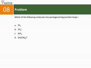 08   Problem

     Which of the following molecules has pentagonal bipyramidal shape :


     a. PF5
     b. SF6l
     c. XeF6
     d. [Fe(CN)6]3-
 