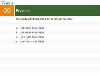 09   Problem

     The acidity of hydrides of O, S, Se, Te varies in the order :


     a. H2O > H2S > H2Se > H2Te
     b. H2O > H2S < H2Se < H2Te
     c. H2S > H2O > H2Se > H2Te
     d. H2Se > H2S > H2O > H2Te
 