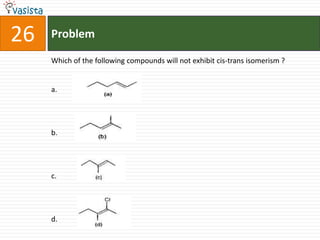 26   Problem

     Which of the following compounds will not exhibit cis-trans isomerism ?


     a.




     b.




     c.




     d.
 