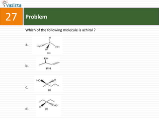 27   Problem

     Which of the following molecule is achiral ?


     a.




     b.




     c.




     d.
 