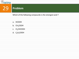 29   Problem

     Which of the following compounds is the strongest acid ?


     a. HCOOH
     b. CH3COOH
     c. Cl2CHCOOH
     d. C6H5COOH
 