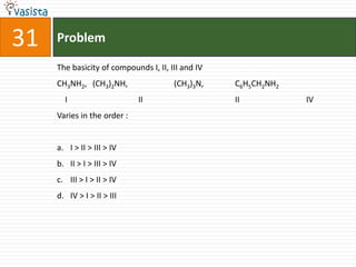 31   Problem

     The basicity of compounds I, II, III and IV
     CH3NH2, (CH3)2NH,                 (CH3)3N,    C6H5CH2NH2
       I                     II                    II           IV
     Varies in the order :


     a. I > II > III > IV
     b. II > I > III > IV
     c. III > I > II > IV
     d. IV > I > II > III
 