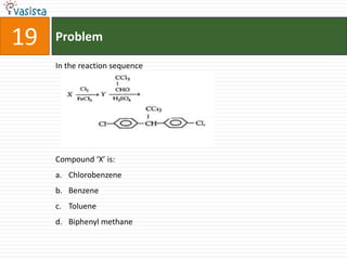 19   Problem

     In the reaction sequence




     Compound ‘X’ is:
     a. Chlorobenzene
     b. Benzene
     c. Toluene
     d. Biphenyl methane
 