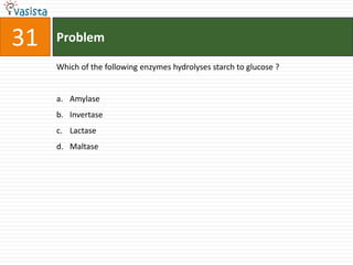 31   Problem

     Which of the following enzymes hydrolyses starch to glucose ?


     a. Amylase
     b. Invertase
     c. Lactase
     d. Maltase
 