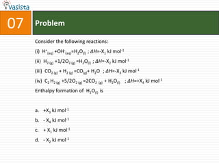 Problem07Consider the following reactions:(i)  H+(aq) +OH-(aq)=H2O(l)  ; ΔH=-X1 kJ mol-1(ii)  H2 (g) +1/2O2 (g) =H2O(l)  ; ΔH=-X2 kJ mol-1(iii)  CO2 (g) + H2 (g) =CO(g)+ H2O ; ΔH=-X3 kJ mol-1(iv)  C2 H2 (g) +5/2O2 (g) =2CO2  (g)  + H2O(l)  ; ΔH=+X4 kJ mol-1Enthalpy formation of  H2O(l)  is+X3 kJ mol-1- X4 kJ mol-1+ X1 kJ mol-1- X2 kJ mol-1