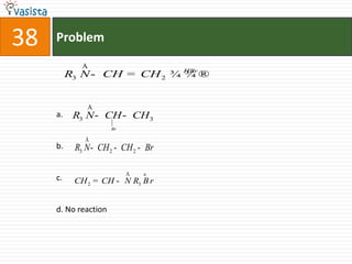 38   Problem
             Å
          R3 N - CH = CH 2 ¾ HBr ®
                             ¾


              Å
     a.    R3 N - CH - CH 3
                      Br

              Å
     b.    R3 N - CH 2 - CH 2 - Br

                           Å   e
     c.    CH 2 = CH - N R3 B r


     d. No reaction
 