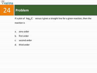24   Problem

     If a plot of log10 C   versus t gives a straight line for a given reaction, then the
     reaction is


     a. zero order
     b. first order
     c.   second order
     d. third order
 