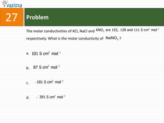 27   Problem
                                                                             2    1
     The molar conductivities of KCl, NaCl and KNO3 are 152, 128 and 111 S cm mol
     respectively. What is the molar conductivity of NaNO3 ?


     a. 101 S cm2 mol   1




               2    1
     b. 87 S cm mol


     c.    101 S cm2 mol    1




     d.     391 S cm2 mol       1
 