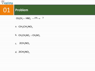 01   Problem
                       675K    ?
      CH3CH3   HNO3


     a. CH3CH2NO2


     b. CH3CH2NO2     CH3NO2


     c.   2CH3NO2



     d. 2CH3NO2
 