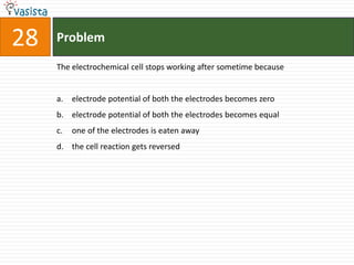 28   Problem

     The electrochemical cell stops working after sometime because


     a. electrode potential of both the electrodes becomes zero
     b. electrode potential of both the electrodes becomes equal
     c.   one of the electrodes is eaten away
     d. the cell reaction gets reversed
 