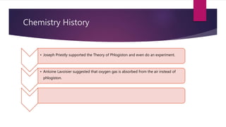 Chemistry History
• Joseph Priestly supported the Theory of Phlogiston and even do an experiment.
• Antoine Lavoisier suggested that oxygen gas is absorbed from the air instead of
phlogiston.
 
