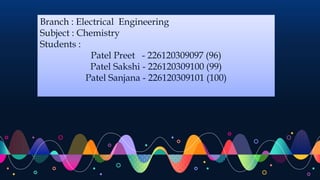 Branch : Electrical Engineering
Subject : Chemistry
Students :
Patel Preet - 226120309097 (96)
Patel Sakshi - 226120309100...
