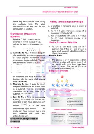 LEARNER’S GUIDE
SENIOR SECONDARY COURSE: CHEMISTRY (313)
4 | P a g e CHEMISTRY (313)
hence they are not in one place during
any particular time. The wave
mechanical model was used for the
construction of an atom.
Significance of Quantum
Numbers
1. Principal Q. No. : It describes the
distance of e- from nucleus ‘n’ i.e.,
defines the shell no. It is denoted by
‘n’.
2. Azimutha Q. No. : It defines the path
of e- decided by angular momentum of
e-. Each angular momentum value
corresponds to one subshell. The no.
of subshells in a shell is 0 to n−1.
All subshells are wave functions for
locating e-In the same shell energy
wise S < P < d < f
3. Magnetic Q. No. : It gives the no. of
magnetic orientations an e- can have
in a subshell. The no. of magnetic
orientation an e- can have in a
subshell.
4. Spin Q. No. : An e- is continuously
spinning on its own axis. This Q. No.
describes e- can have clockwise spin
motion or e- can have
anticlockwise spin motion . An
orbital can have mximum two e- one
with clockwise and other with
anticlockwise spin.
Electronic Configuration of
Elements
Aufbau (or building up) Principle
a. e- are filled in increasing order of energy of
subshell.
b. As ‘n + l’ value increases energy of e-
increases in that subshell.
c. For two subshells with some ‘n + l’ value.
As ‘n’ value increases energy of e-
increases.
Pauli’s Exclusion Principle
• No two e- can have same set of 4
quantum nos. If two e- are present in
same shell, subshell, orbital they will have
different spin value.
Hund’s Rule
• The pairing of e- in degenerate orbitals
(different orbitals with same energy) will
get paired only once they have been
singly occupied. The no. of [Spherical
nodes or radical nodes] = n - l -1.
Shapes of Orbitals
Fig. 2.18: The boundary surface diagrams (shapes) of the s, p,
d-orbitals
Difference between psi and psi square:
Difference between Orbit and Orbitals:
 