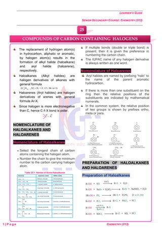 LEARNER’S GUIDE
SENIOR SECONDARY COURSE: CHEMISTRY (313)
1 | P a g e CHEMISTRY (313)
The replacement of hydrogen atom(s)
in hydrocarbon, aliphatic or aromatic,
by halogen atom(s) results in the
formation of alkyl halide (haloalkane)
and aryl halide (haloarene),
respectively.
Haloalkanes (Alkyl halides) are
halogen derivatives of alkanes with
general formula
Haloarenes (Aryl halides) are halogen
derivatives of arenes with general
formula Ar-X.
Since halogen is more electronegative
than C, hence C ñ X bond is polar.
NOMENCLATURE OF
HALOALKANES AND
HALOARENES
Nomenclature of Haloalkanes
• Select the longest chain of carbon
atoms containing the halogen atom.
• Number the chain to give the minimum
number to the carbon carrying halogen
atom.
Table 25.1: Names of Some Haloalkanes
If multiple bonds (double or triple bond) is
present, then it is given the preference in
numbering the carbon chain.
The IUPAC name of any halogen derivative
is always written as one word.
Nomenclature of Haloarenes
Aryl halides are named by prefixing “halo” to
the name of the parent aromatic
hydrocarbon.
If there is more than one substituent on the
ring then the relative positions of the
substituents are indicated by mathematical
numerals.
In the common system, the relative position
of two groups is shown by prefixes ortho,
meta or para.
PREPARATION OF HALOALKANES
AND HALOARENES
Preparation of Haloalkanes
COMPOUNDS OF CARBON CONTAINING HALOGENS
(HALOALKANES
25
0
0
0
0
0
0
 