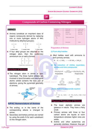 LEARNER’S GUIDE
SENIOR SECONDARY COURSE: CHEMISTRY (313)
1 | P a g e CHEMISTRY (313)
AMINES
Amines constitute an important class of
organic compounds derived by replacing
one or more hydrogen atoms of NH3
molecule by alkyl/aryl group(s).
If four alkyl groups are attached to the
nitrogen atom, then the quaternary
ammonium ion or salt is formed.
Structure of Amines
The nitrogen atom in amine is spa-
hybridised. The three hybrid orbitals are
involved in bond formation and one hybrid
atomic orbital contains the lone pair of
electrons, giving the pyramidal geometry
of amines.
IUPAC Nomenclature of Amines
The ending –e in the name of the
corresponding alkane is changed to
amine.
Secondary and tertiary amines are named
by using the prefix N for each substituent
on the nitrogen atom.
Preparation of Amines
(i) From alkyl halides
Alkyl halides react with ammonia to
form primary amines.
(ii) By reduction of nitriles (cyanides),
amides and nitro compounds
(iii) By Hofmann bromamide reaction
Physical Properties of Amines
The lower aliphatic amines are
gaseous in nature. They have a fishy
smell.
Primary amines with three or four
carbon atoms are liquids at room
temperature whereas higher ones are
solids.
Aniline and other arylamines are
generally colorless. However, they get
Compounds of Carbon Containing Nitrogen
28
0
0
0
0
0
0
 