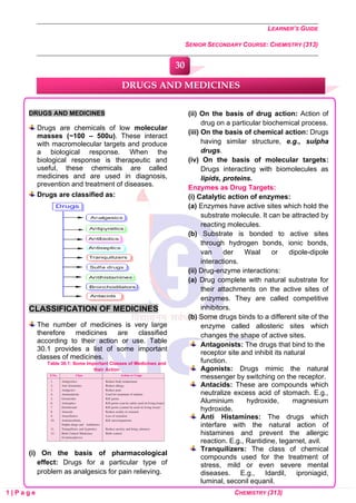 LEARNER’S GUIDE
SENIOR SECONDARY COURSE: CHEMISTRY (313)
1 | P a g e CHEMISTRY (313)
DRUGS AND MEDICINES
Drugs are chemicals of low molecular
masses (~100 – 500u). These interact
with macromolecular targets and produce
a biological response. When the
biological response is therapeutic and
useful, these chemicals are called
medicines and are used in diagnosis,
prevention and treatment of diseases.
Drugs are classified as:
CLASSIFICATION OF MEDICINES
The number of medicines is very large
therefore medicines are classified
according to their action or use. Table
30.1 provides a list of some important
classes of medicines.
Table 30.1: Some Important Classes of Medicines and
their Action
(i) On the basis of pharmacological
effect: Drugs for a particular type of
problem as analgesics for pain relieving.
(ii) On the basis of drug action: Action of
drug on a particular biochemical process.
(iii) On the basis of chemical action: Drugs
having similar structure, e.g., sulpha
drugs.
(iv) On the basis of molecular targets:
Drugs interacting with biomolecules as
lipids, proteins.
Enzymes as Drug Targets:
(i) Catalytic action of enzymes:
(a) Enzymes have active sites which hold the
substrate molecule. It can be attracted by
reacting molecules.
(b) Substrate is bonded to active sites
through hydrogen bonds, ionic bonds,
van der Waal or dipole-dipole
interactions.
(ii) Drug-enzyme interactions:
(a) Drug complete with natural substrate for
their attachments on the active sites of
enzymes. They are called competitive
inhibitors.
(b) Some drugs binds to a different site of the
enzyme called allosteric sites which
changes the shape of active sites.
Antagonists: The drugs that bind to the
receptor site and inhibit its natural
function.
Agonists: Drugs mimic the natural
messenger by switching on the receptor.
Antacids: These are compounds which
neutralize excess acid of stomach. E.g.,
Aluminium hydroxide, magnesium
hydroxide.
Anti Histamines: The drugs which
interfare with the natural action of
histamines and prevent the allergic
reaction. E.g., Rantidine, tegarnet, avil.
Tranquilizers: The class of chemical
compounds used for the treatment of
stress, mild or even severe mental
diseases. E.g., Idardil, iproniagid,
luminal, seconil equanil.
DRUGS AND MEDICINES
30
0
0
0
0
0
0
 