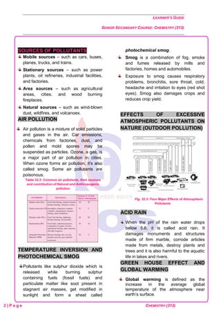 LEARNER’S GUIDE
SENIOR SECONDARY COURSE: CHEMISTRY (313)
2 | P a g e CHEMISTRY (313)
SOURCES OF POLLUTANTS
Mobile sources – such as cars, buses,
planes, trucks, and trains.
Stationary sources – such as power
plants, oil refineries, industrial facilities,
and factories.
Area sources – such as agricultural
areas, cities, and wood burning
fireplaces.
Natural sources – such as wind-blown
dust, wildfires, and volcanoes.
AIR POLLUTION
Air pollution is a mixture of solid particles
and gases in the air. Car emissions,
chemicals from factories, dust, and
pollen and mold spores may be
suspended as particles. Ozone, a gas, is
a major part of air pollution in cities.
When ozone forms air pollution, it's also
called smog. Some air pollutants are
poisonous.
Table 32.3: Common air pollutants, their sources
and contribution of Natural and Anthropogenic
pollution
TEMPERATURE INVERSION AND
PHOTOCHEMICAL SMOG
Pollutants like sulphur dioxide which is
released while burning sulphur
containing fuels (fossil fuels) and
particulate matter like soot present in
stagnant air masses, get modified in
sunlight and form a sheet called
photochemical smog.
Smog is a combination of fog, smoke
and fumes released by mills and
factories, homes and automobiles.
Exposure to smog causes respiratory
problems, bronchitis, sore throat, cold,
headache and irritation to eyes (red shot
eyes). Smog also damages crops and
reduces crop yield.
EFFECTS OF EXCESSIVE
ATMOSPHERIC POLLUTANTS ON
NATURE (OUTDOOR POLLUTION)
Fig. 32.3: Four Major Effects of Atmospheric
Pollutants
ACID RAIN
When the pH of the rain water drops
below 5.6, it is called acid rain. It
damages monuments and structures
made of firm marble, corrode articles
made from metals, destroy plants and
trees and it is also harmful to the aquatic
life in lakes and rivers.
GREEN HOUSE EFFECT AND
GLOBAL WARMING
Global warming is defined as the
increase in the average global
temperature of the atmosphere near
earth’s surface.
 