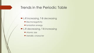 Trends in the Periodic Table
 L-R increasing, T-B decreasing
 Electronegativity
 Ionization energy
 L-R decreasing, T-B increasing
 Atomic size
 Metallic character
 