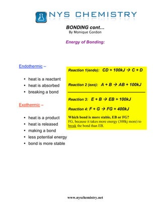 BONDING cont…
                            By Monique Gordon

                          Energy of Bonding:




Endothermic –
                            Reaction 1(endo): CD + 100kJ             C+D

  • heat is a reactant
  • heat is absorbed        Reaction 2 (exo): A + B          AB + 100kJ
  • breaking a bond
                            Reaction 3: E + B         EB + 100kJ
Exothermic –
                            Reaction 4: F + G        FG + 400kJ

  • heat is a product       Which bond is more stable, EB or FG?
                            FG, because it takes more energy (300kj more) to
  • heat is released        break the bond than EB.
  • making a bond
  • less potential energy
  • bond is more stable




                            www.nyschemistry.net
 