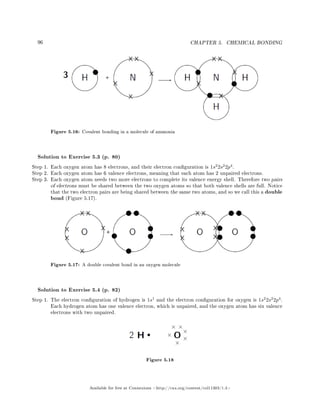 96 CHAPTER 5. CHEMICAL BONDING
Figure 5.16: Covalent bonding in a molecule of ammonia
Solution to Exercise 5.3 (p. 80)
Step 1. Each oxygen atom has 8 electrons, and their electron conguration is 1s2
2s2
2p4
.
Step 2. Each oxygen atom has 6 valence electrons, meaning that each atom has 2 unpaired electrons.
Step 3. Each oxygen atom needs two more electrons to complete its valence energy shell. Therefore two pairs
of electrons must be shared between the two oxygen atoms so that both valence shells are full. Notice
that the two electron pairs are being shared between the same two atoms, and so we call this a double
bond (Figure 5.17).
Figure 5.17: A double covalent bond in an oxygen molecule
Solution to Exercise 5.4 (p. 82)
Step 1. The electron conguration of hydrogen is 1s1
and the electron conguration for oxygen is 1s2
2s2
2p4
.
Each hydrogen atom has one valence electron, which is unpaired, and the oxygen atom has six valence
electrons with two unpaired.
Figure 5.18
Available for free at Connexions http://cnx.org/content/col11303/1.4
 