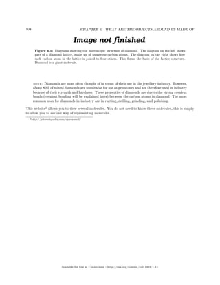 104 CHAPTER 6. WHAT ARE THE OBJECTS AROUND US MADE OF
Figure 6.5: Diagrams showing the microscopic structure of diamond. The diagram on the left shows
part of a diamond lattice, made up of numerous carbon atoms. The diagram on the right shows how
each carbon atom in the lattice is joined to four others. This forms the basis of the lattice structure.
Diamond is a giant molecule.
note: Diamonds are most often thought of in terms of their use in the jewellery industry. However,
about 80% of mined diamonds are unsuitable for use as gemstones and are therefore used in industry
because of their strength and hardness. These properties of diamonds are due to the strong covalent
bonds (covalent bonding will be explained later) between the carbon atoms in diamond. The most
common uses for diamonds in industry are in cutting, drilling, grinding, and polishing.
This website
2 allows you to view several molecules. You do not need to know these molecules, this is simply
to allow you to see one way of representing molecules.
2http://alteredqualia.com/canvasmol/
Available for free at Connexions http://cnx.org/content/col11303/1.4
 