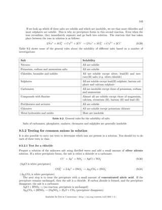 143
If we look up which of these salts are soluble and which are insoluble, we see that most chlorides and
most sulphates are soluble. This is why no precipitate forms in this second reaction. Even when the
ions recombine, they immediately separate and go back into solution. The reaction that has taken
place between the ions in solution is as follows:
2Na+
+ SO2−
4 + Cu2+
+ 2Cl−
→ 2Na+
+ SO2−
4 + Cu2+
+ 2Cl−
(9.29)
Table 9.2 shows some of the general rules about the solubility of dierent salts based on a number of
investigations:
Salt Solubility
Nitrates All are soluble
Potassium, sodium and ammonium salts All are soluble
Chlorides, bromides and iodides All are soluble except silver, lead(II) and mer-
cury(II) salts (e.g. silver chloride)
Sulphates All are soluble except lead(II) sulphate, barium sul-
phate and calcium sulphate
Carbonates All are insoluble except those of potassium, sodium
and ammonium
Compounds with uorine Almost all are soluble except those of magnesium,
calcium, strontium (II), barium (II) and lead (II)
Perchlorates and acetates All are soluble
Chlorates All are soluble except potassium chlorate
Metal hydroxides and oxides Most are insoluble
Table 9.2: General rules for the solubility of salts
Salts of carbonates, phosphates, oxalates, chromates and sulphides are generally insoluble.
9.5.2 Testing for common anions in solution
It is also possible to carry out tests to determine which ions are present in a solution. You should try to do
each of these tests in class.
9.5.2.1 Test for a chloride
Prepare a solution of the unknown salt using distilled water and add a small amount of silver nitrate
solution. If a white precipitate forms, the salt is either a chloride or a carbonate.
Cl−
+ Ag+
+ NO−
3 → AgCl + NO−
3 (9.30)
(AgCl is white precipitate)
CO2−
3 + 2Ag+
+ 2NO−
3 → Ag2CO3 + 2NO−
3 (9.31)
(Ag2CO3 is white precipitate)
The next step is to treat the precipitate with a small amount of concentrated nitric acid. If the
precipitate remains unchanged, then the salt is a chloride. If carbon dioxide is formed, and the precipitate
disappears, the salt is a carbonate.
AgCl + HNO3 → (no reaction; precipitate is unchanged)
Ag2CO3 + 2HNO3 → 2AgNO3 + H2O + CO2 (precipitate disappears)
Available for free at Connexions http://cnx.org/content/col11303/1.4
 