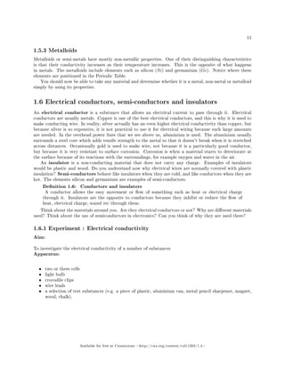11
1.5.3 Metalloids
Metalloids or semi-metals have mostly non-metallic properties. One of their distinguishing characteristics
is that their conductivity increases as their temperature increases. This is the opposite of what happens
in metals. The metalloids include elements such as silicon (Si) and germanium (Ge). Notice where these
elements are positioned in the Periodic Table.
You should now be able to take any material and determine whether it is a metal, non-metal or metalloid
simply by using its properties.
1.6 Electrical conductors, semi-conductors and insulators
An electrical conductor is a substance that allows an electrical current to pass through it. Electrical
conductors are usually metals. Copper is one of the best electrical conductors, and this is why it is used to
make conducting wire. In reality, silver actually has an even higher electrical conductivity than copper, but
because silver is so expensive, it is not practical to use it for electrical wiring because such large amounts
are needed. In the overhead power lines that we see above us, aluminium is used. The aluminium usually
surrounds a steel core which adds tensile strength to the metal so that it doesn't break when it is stretched
across distances. Occasionally gold is used to make wire, not because it is a particularly good conductor,
but because it is very resistant to surface corrosion. Corrosion is when a material starts to deteriorate at
the surface because of its reactions with the surroundings, for example oxygen and water in the air.
An insulator is a non-conducting material that does not carry any charge. Examples of insulators
would be plastic and wood. Do you understand now why electrical wires are normally covered with plastic
insulation? Semi-conductors behave like insulators when they are cold, and like conductors when they are
hot. The elements silicon and germanium are examples of semi-conductors.
Denition 1.6: Conductors and insulators
A conductor allows the easy movement or ow of something such as heat or electrical charge
through it. Insulators are the opposite to conductors because they inhibit or reduce the ow of
heat, electrical charge, sound etc through them.
Think about the materials around you. Are they electrical conductors or not? Why are dierent materials
used? Think about the use of semiconductors in electronics? Can you think of why they are used there?
1.6.1 Experiment : Electrical conductivity
Aim:
To investigate the electrical conductivity of a number of substances
Apparatus:
• two or three cells
• light bulb
• crocodile clips
• wire leads
• a selection of test substances (e.g. a piece of plastic, aluminium can, metal pencil sharpener, magnet,
wood, chalk).
Available for free at Connexions http://cnx.org/content/col11303/1.4
 